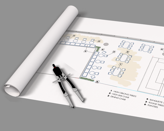 Architectural floor plan with compass and rolled blueprint