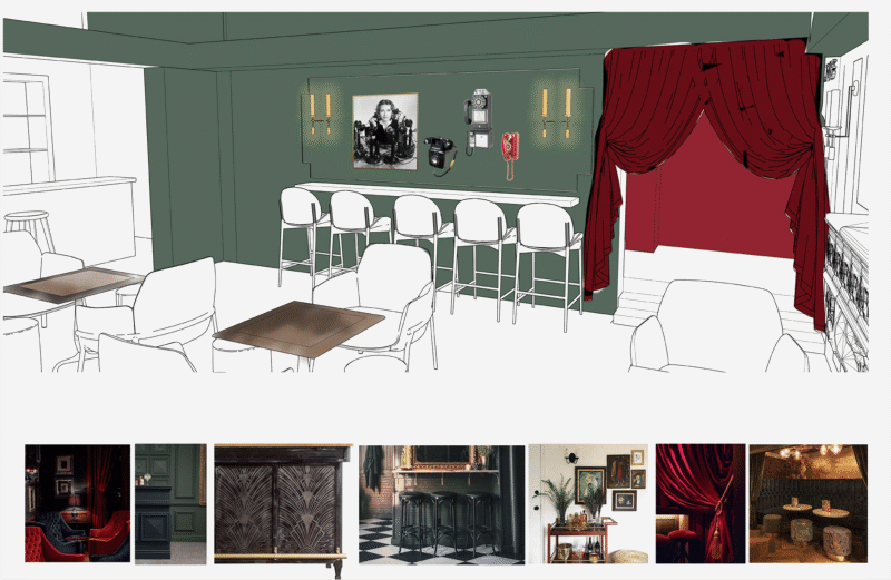 Interior design mood board for luxe home entertainment space
