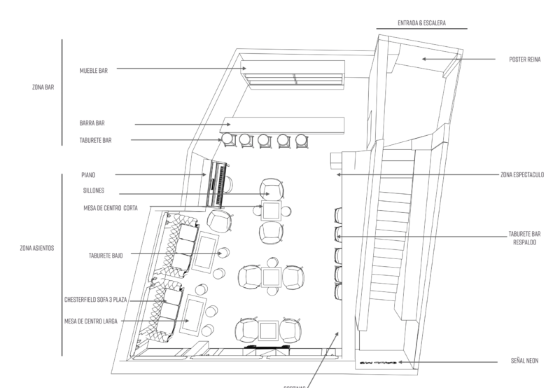 Bar and restaurant floor plan layout with Spanish labels