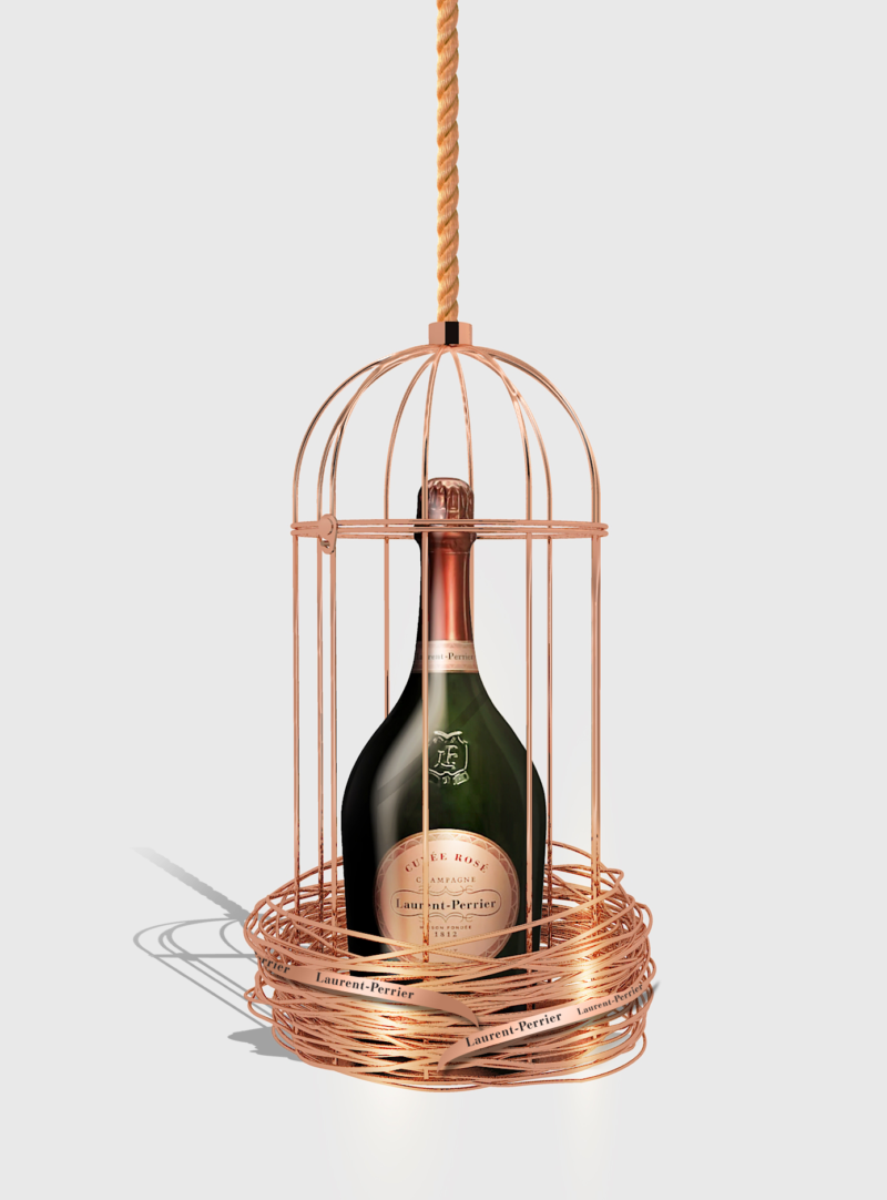 Champagne bottle in copper birdcage pendant